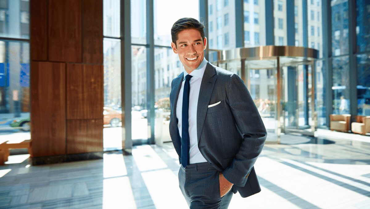 Light blue button-up shirt with chest pockets under a gray wool blazer.