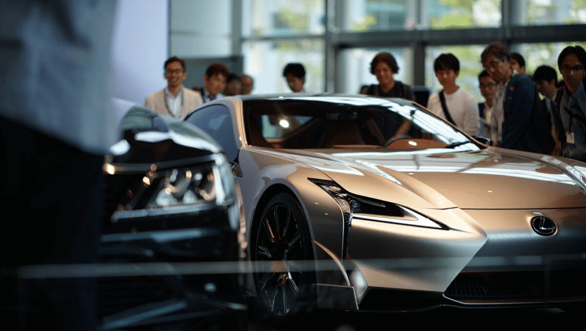 Front view of a sleek gray Lexus sports car with distinctive angular headlights and a large black grille.