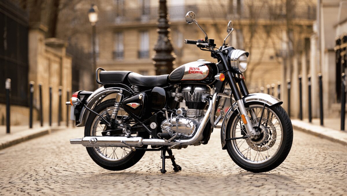 Glossy dark blue motorcycle fuel tank with gold Royal Enfield logo and twin gold stripes.