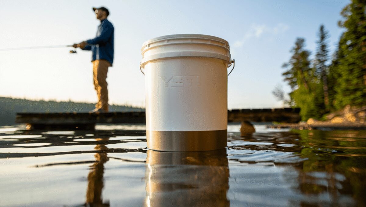 Black YETI bucket with a handle against a red background.