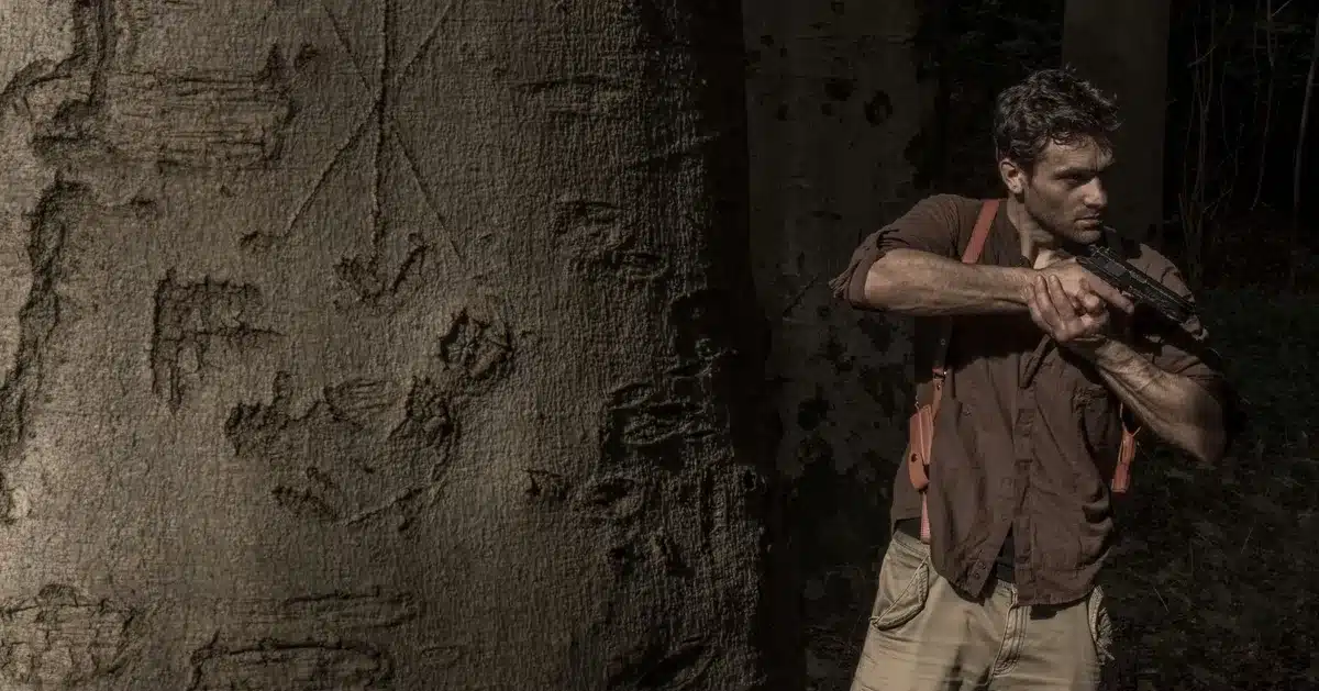 Dramatic scene of characters in a final treasure hunt confrontation.