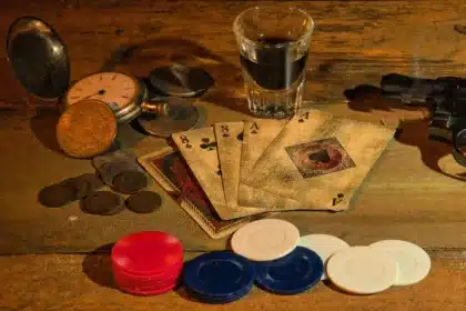 Poker table with chips and cards in dim lighting, suggesting crime drama atmosphere