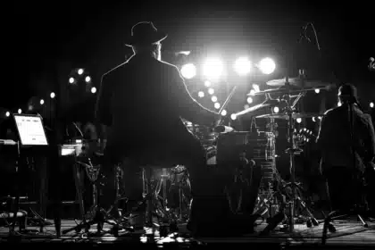 Silhouettes of performers and dancers on a brightly lit concert stage