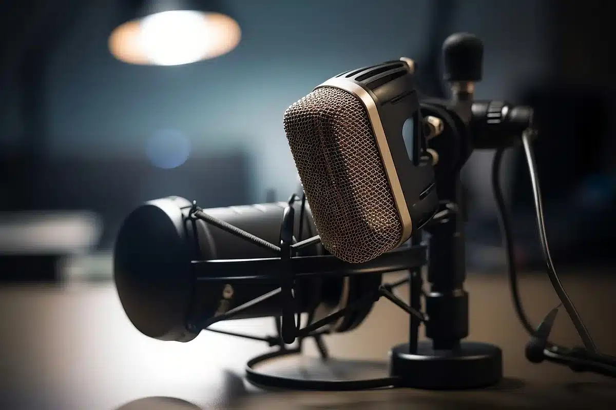 Close-up of a microphone and mixing desk with warm, imperfect lighting