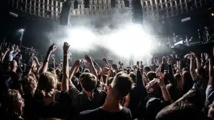 Crowd from behind with stage lights and decorative garlands at an outdoor festival